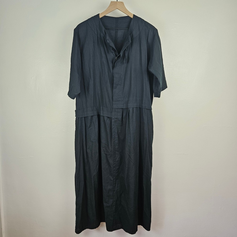 Mujiya Asymmetrical Artsy Midi Dress Sz XL? Black Button Drawstring Lagenlook - Picture 2 of 14